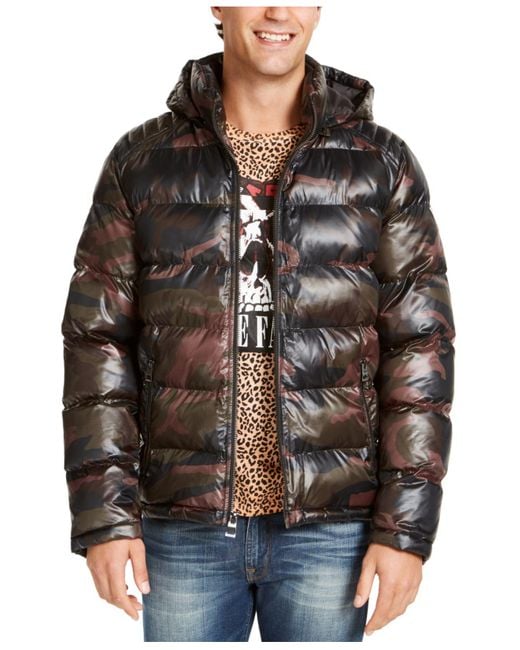 GUESS Mens Wind /& Water Resistant Hooded Puffer Jacket With Side Stretch Panels