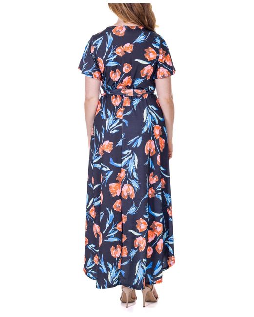 24seven Comfort Apparel Blue Print V Neck Belted High Low Faux Wrap Dress