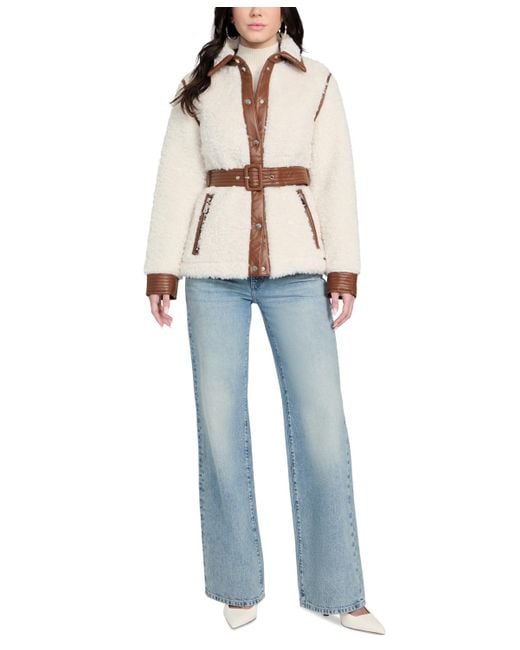 Guess Blue Belted Faux-shearling Coat