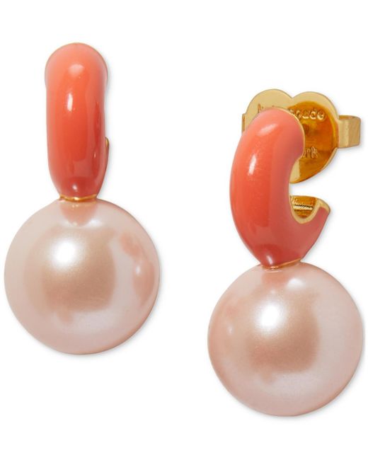 Kate Spade Orange Gold-tone Imitation Pearl Charm Pave huggie Hoop Earrings