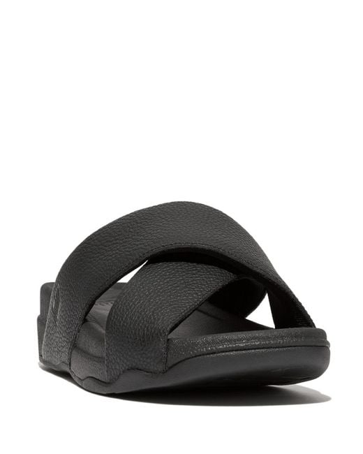 Fitflop Black Tumbled-leather Cross Slides for men