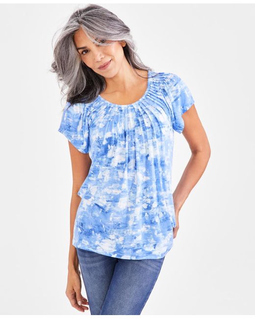 Style & Co. Blue Pleated-neck Short-sleeve Top