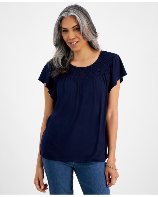 Style & Co. Blue Short-sleeve Smocked-neck Knit Top
