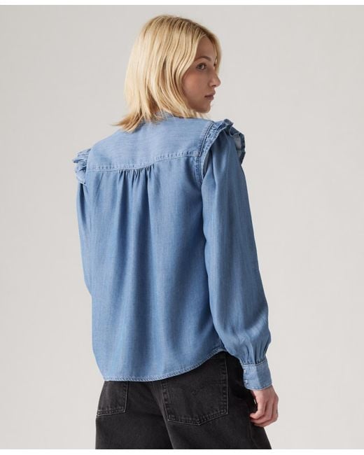 Levi's Blue Gianna Long Sleeve Ruffle Trim Blouse
