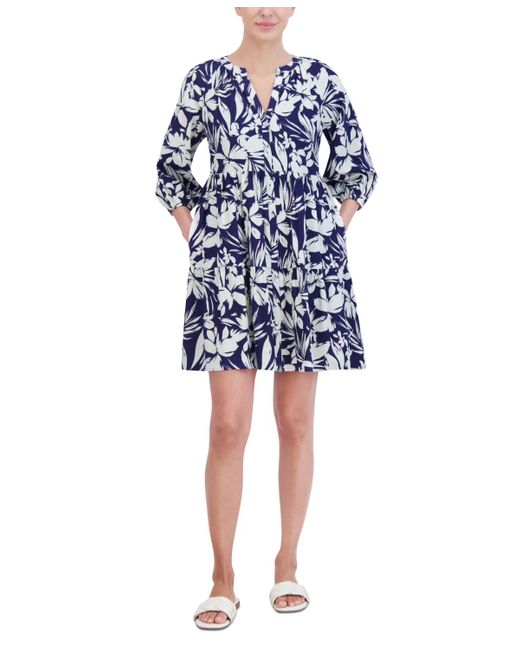 Jessica Howard Blue Petite Printed Button-front A-line Dress