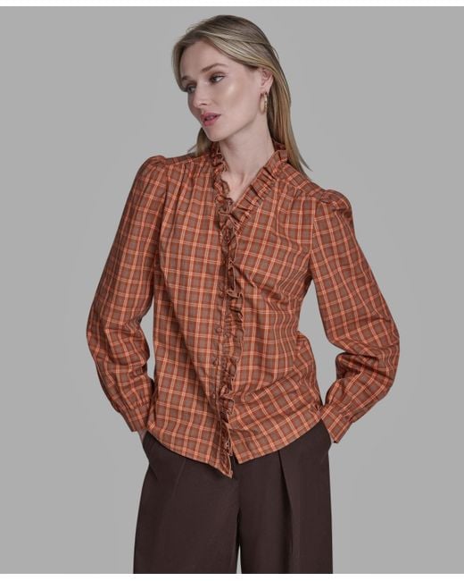 BCBGMAXAZRIA Brown Plaid Button Placket V-neck Top