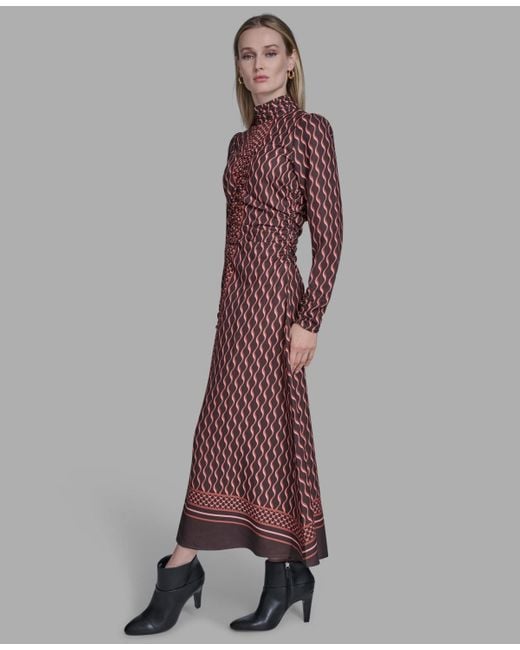 BCBGMAXAZRIA Long Sleeve Mock Neck Midi Dress in Brown