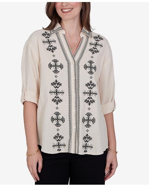 Ruby Rd Gray Petite Embroidered Gauze Button-front Top