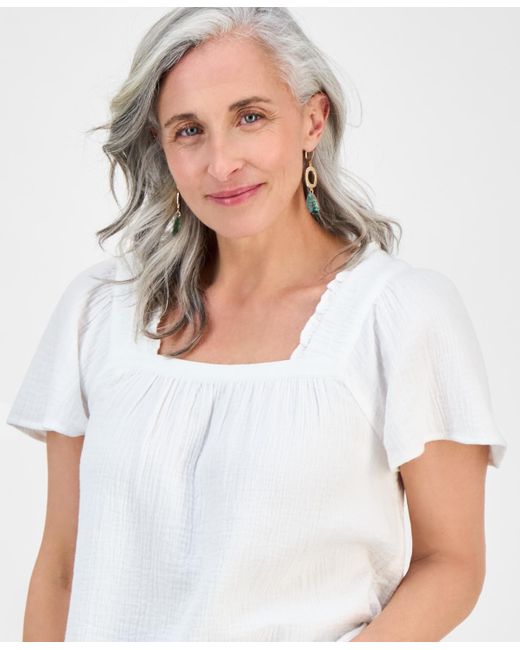 Style & Co. White Petite Square-neck Cotton Top