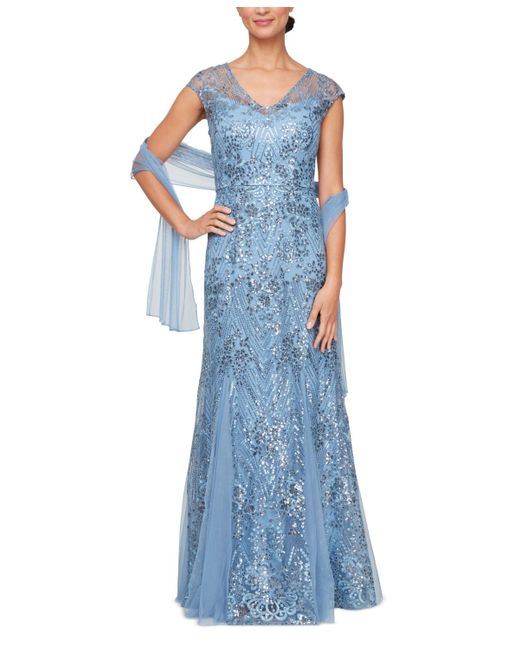 Alex Evenings Blue Embellished Cap-sleeve Gown & Shawl