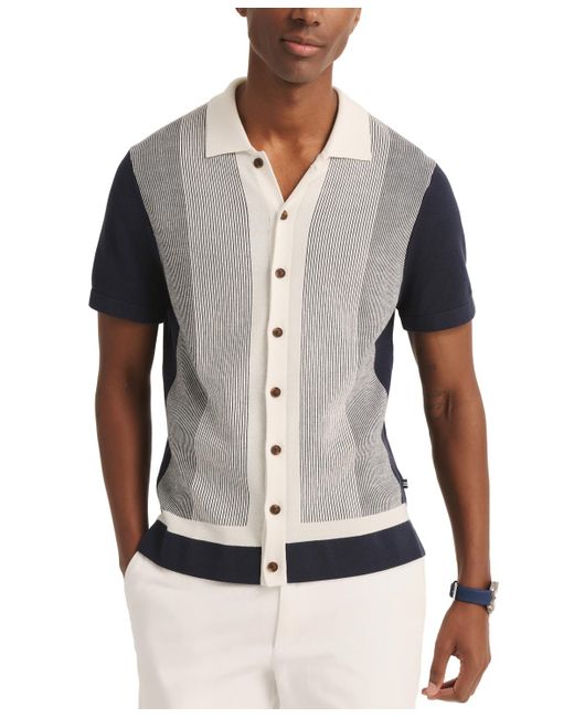 Nautica Black Jacquard Short Sleeve Striped Button-front Shirt for men