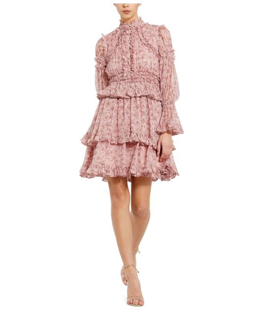 Mac Duggal Pink Long Sleeve Open Front High Neck Ruffle Mini Dress