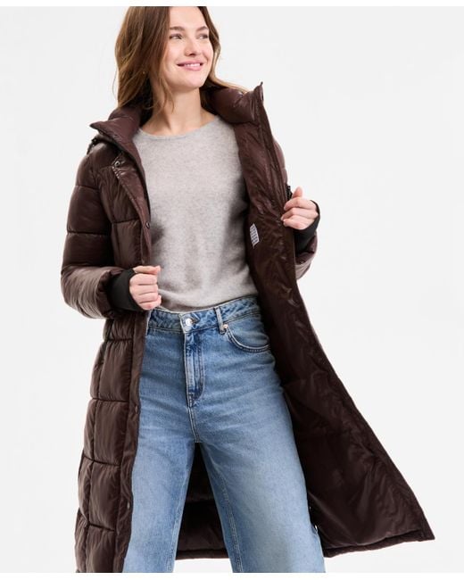 Steve Madden Brown Shiny Hooded Maxi Puffer Coat