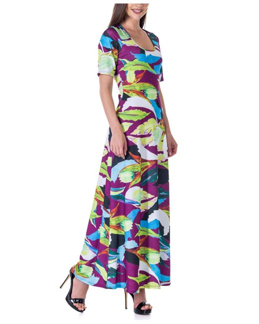 24seven Comfort Apparel Blue Print Elbow Sleeve Casual A Line Maxi Dress
