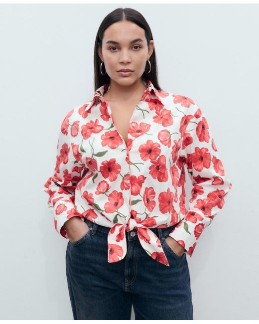Mango Red Floral-print Poplin Shirt
