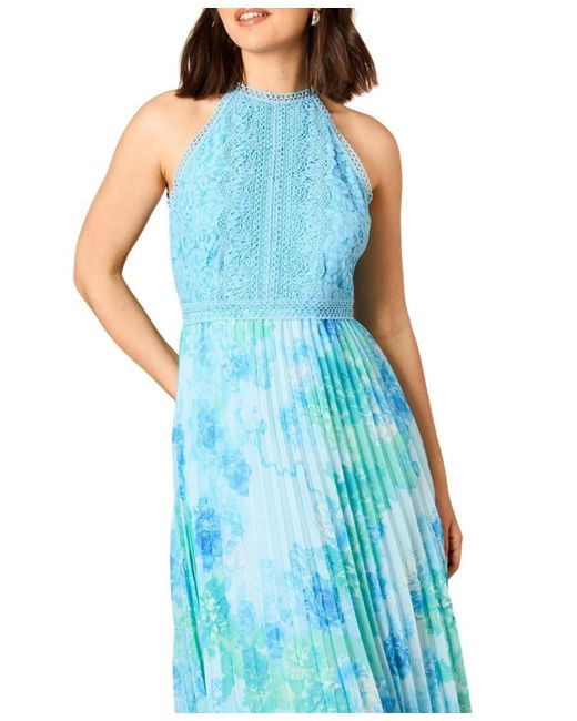 Oasis Blue Printed Lace Mix Halterneck Midi Dress