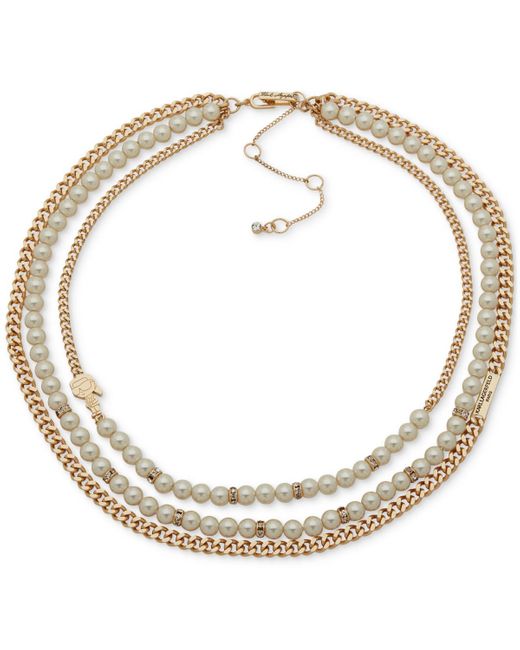 Karl Lagerfeld Metallic Gold-tone Pave & Imitation Pearl Layered Collar Necklace