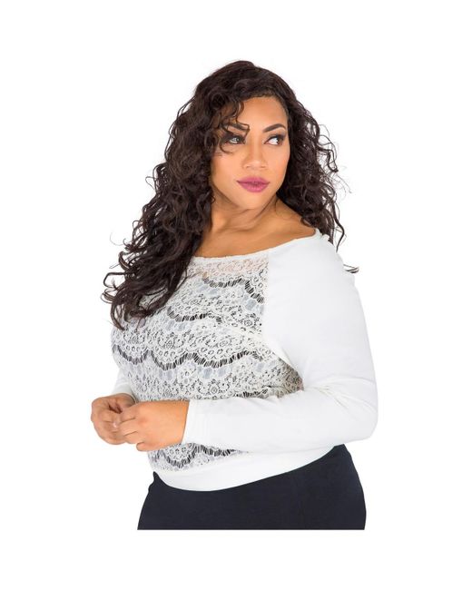 Poetic Justice White Plus Size Curvy-fit Lace Ponte Pullover Neck Tops