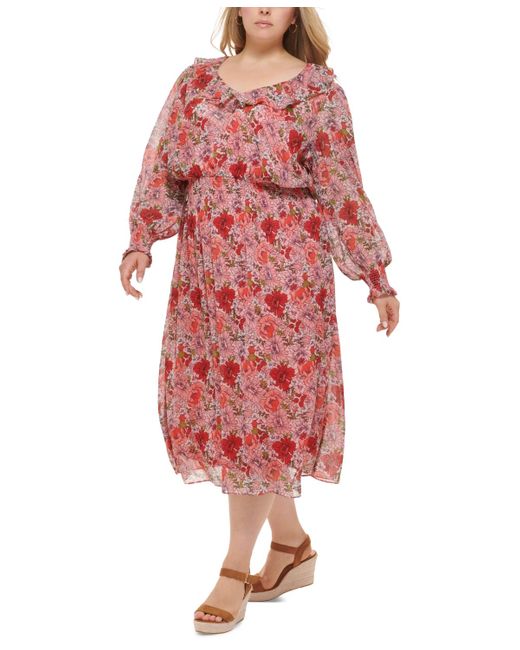 Tommy Hilfiger Red Plus Size Floral Chiffon Midi Dress