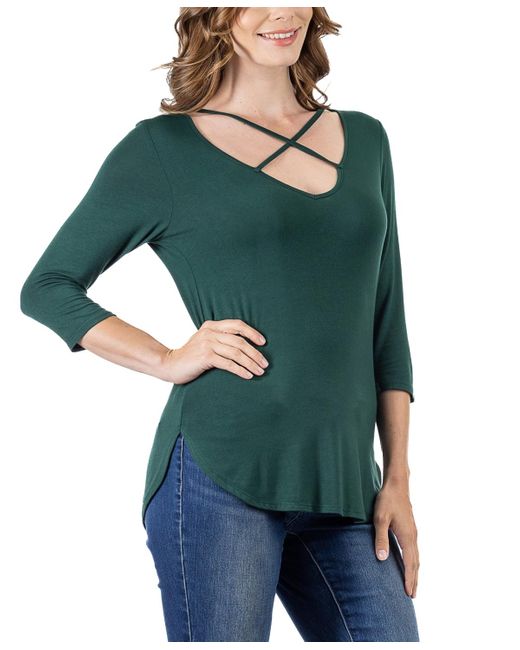 24seven Comfort Apparel Green Criss Cross Round Hemline Tunic Top