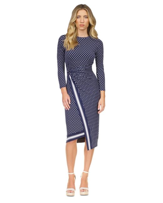 Michael Kors Blue Michael Dot-print Asymmetrical-hem Wrap-front Midi Dress