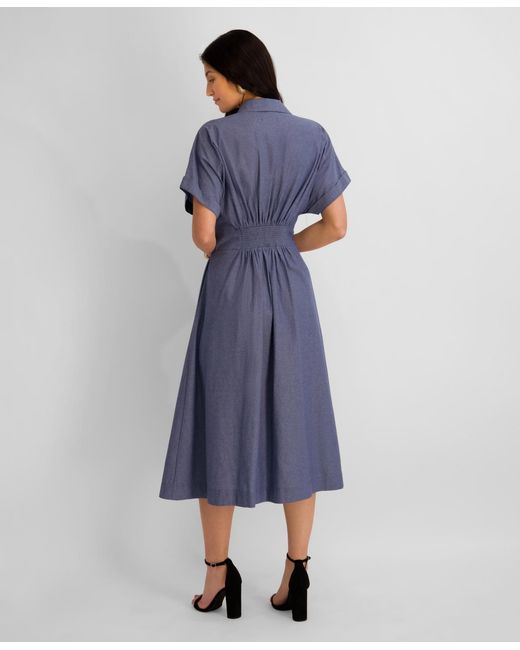 kensie denim dress Kensie Dress Womens X-Small Blue Denim Fit & Flare Sleeveless Collar Swiss Dot