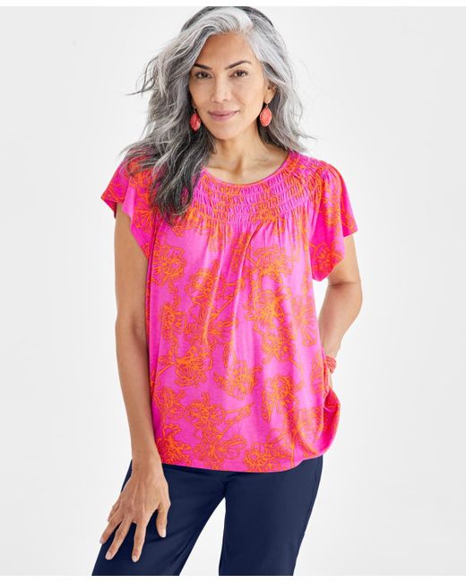 Style & Co. Pink Printed Smocked-neck Knit Top