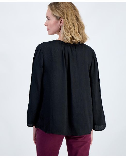 Style & Co. Blue Petite Y-neck Long Bell-sleeve Blouse