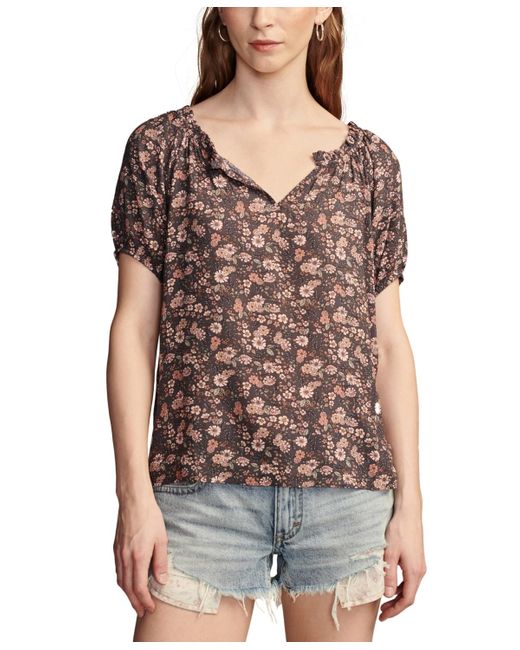 Lucky Brand Brown Notched Short-sleeve Peasant Top