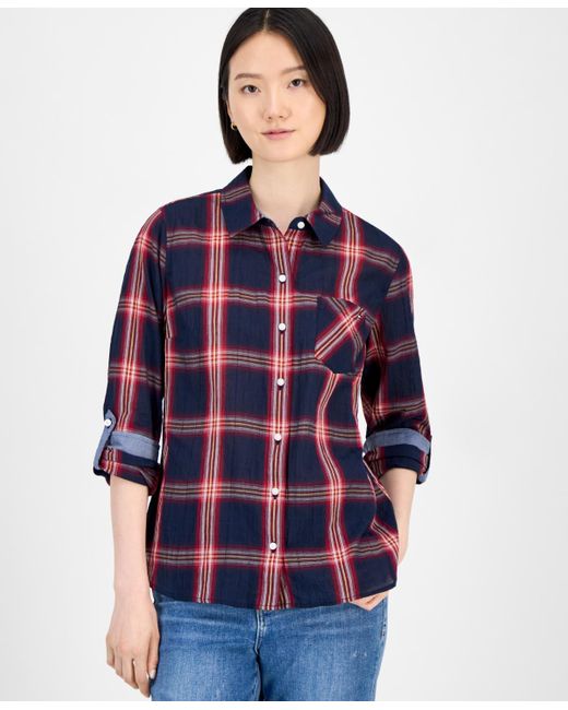 Tommy Hilfiger Blue Crinkled Plaid Button-front Shirt