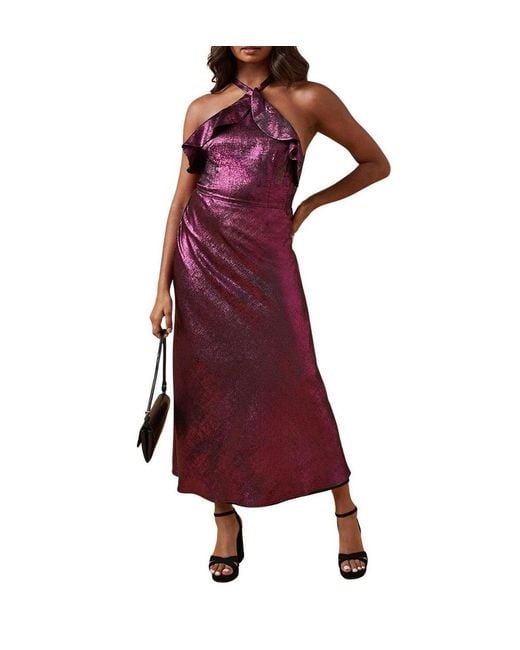 Oasis Red Foil Halterneck Ruffle Foil Midaxi Dress