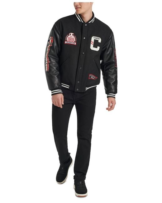 Champion Black Logo-patch Mixed-media Varsity Jacket for men