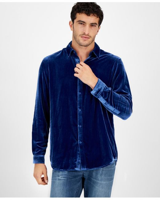 INC International Concepts Blue Velvet Long Sleeve Button-front Shirt for men