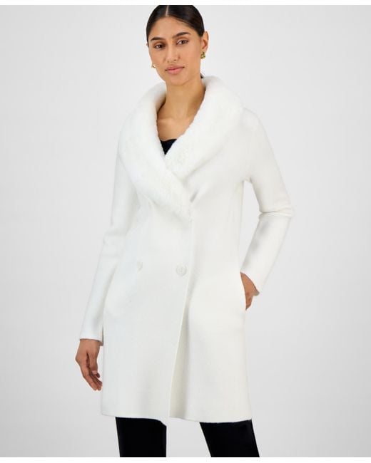 Tahari White Faux-fur Shawl-collar Jacket