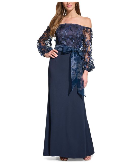 Eliza J Blue Square-neck Floral-embroidery Gown