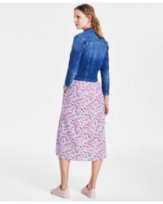 Tommy Hilfiger Blue Smocked Floral Print Cotton Midi Dress Denim Jacket