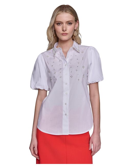 Karl Lagerfeld White Embellished Cotton Crinkle Top