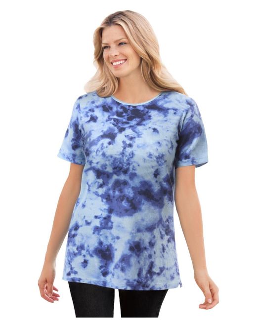 Woman Within Blue Plus Size Within Waffle Thermal Satin Trim Tee