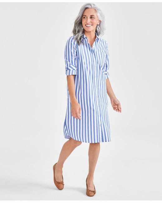 Style & Co. Blue Petite Perfect Striped Cotton Shirtdress