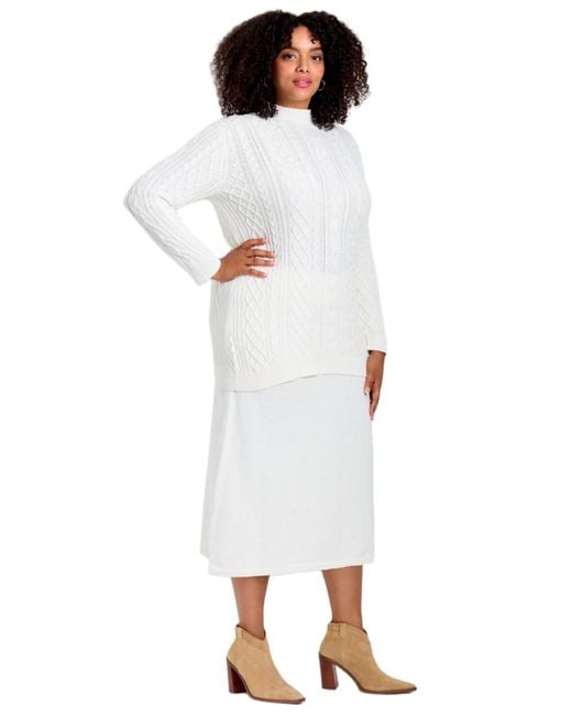 Avenue White Plus Size Mock Neck Cable Sweater