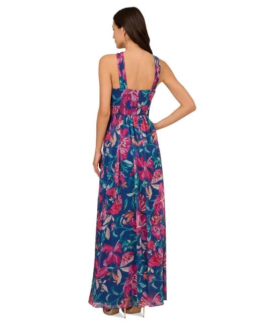 Adrianna Papell Blue Printed Chiffon Halter Gown