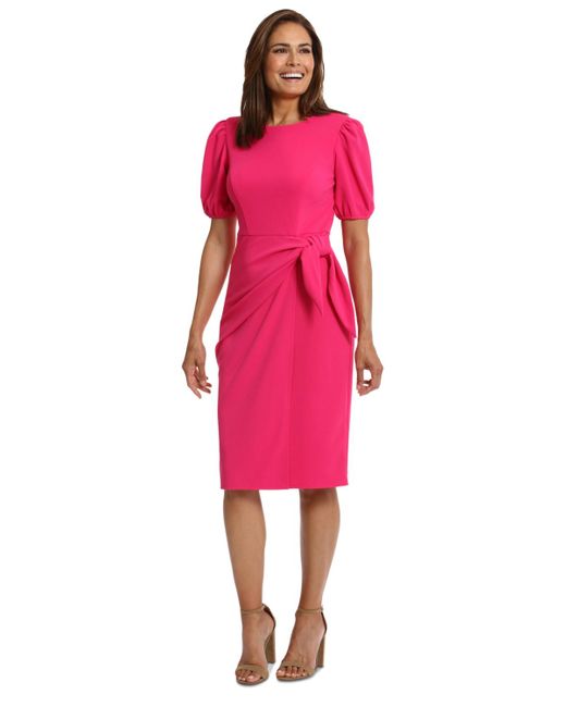 London Times Pink Puff-sleeve Sarong-tie Midi Dress