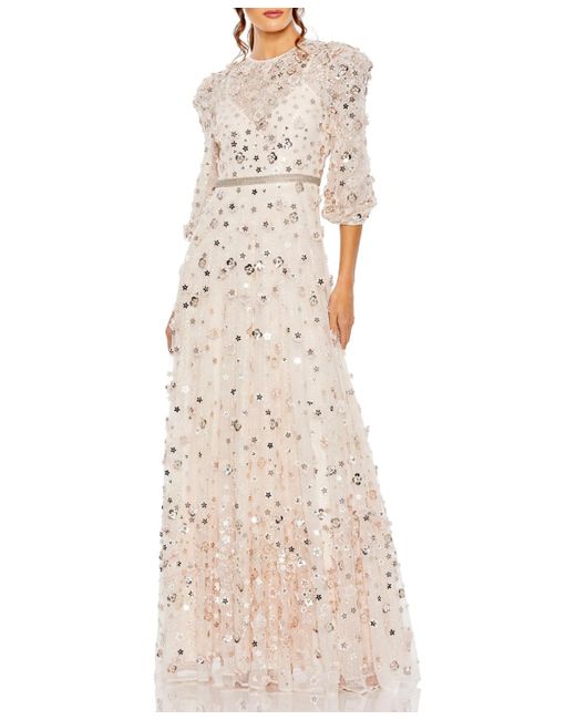 Mac Duggal Natural Floral Applique Puff Sleeve High Neck A-line Gown