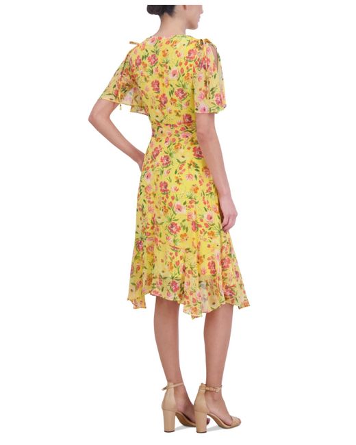 Jessica Howard Yellow Floral Chiffon Split-sleeve Dress