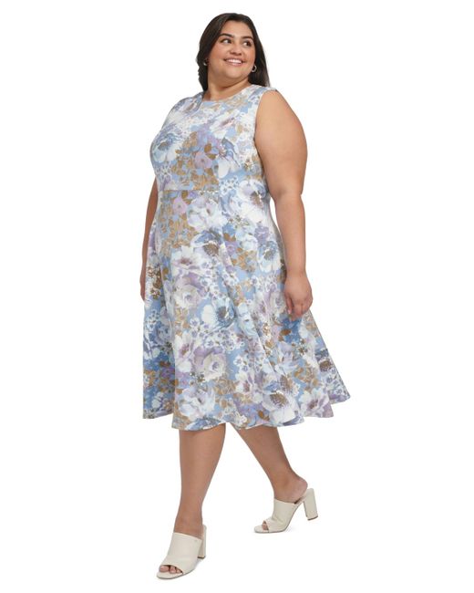 Calvin Klein Blue Plus Size Printed Sleeveless Fit & Flare Dress