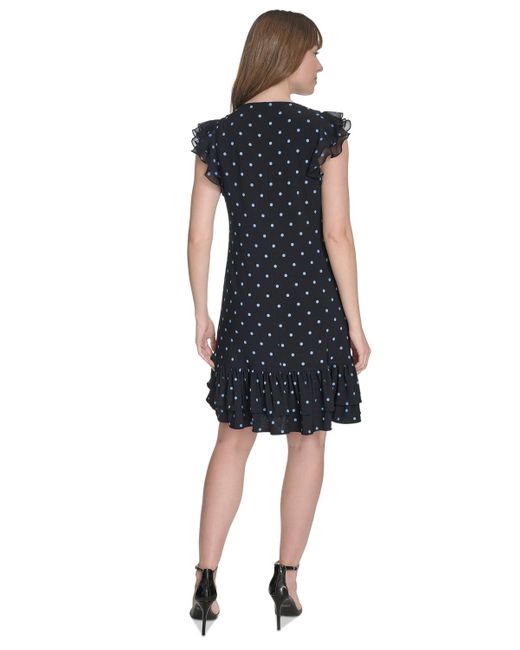 Tommy Hilfiger Blue Dot-print Flutter-sleeve Ruffled-hem Chiffon Dress