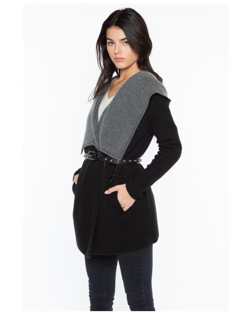Jennie Liu Black 100% Pure Cashmere Long Sleeve 2-tone Double Face Cascade Open Cardigan Sweater
