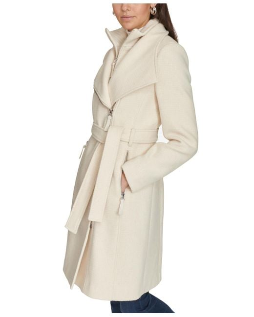 Calvin Klein Wool Blend Belted Wrap Coat in Natural Lyst