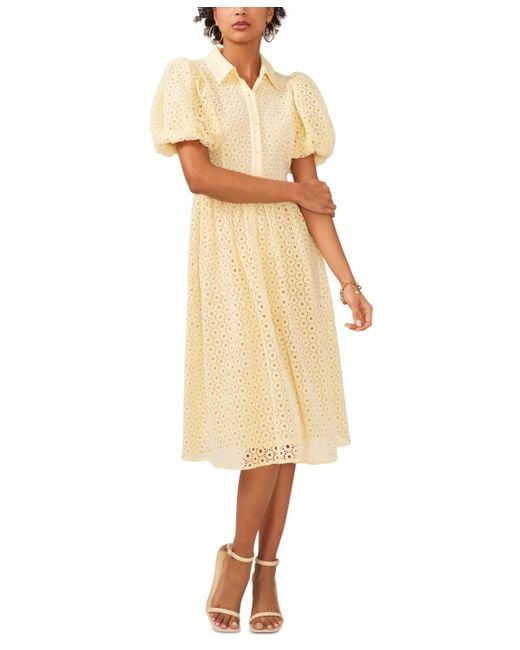 Cece Yellow Balloon-sleeve Cotton Eyelet Midi Dress