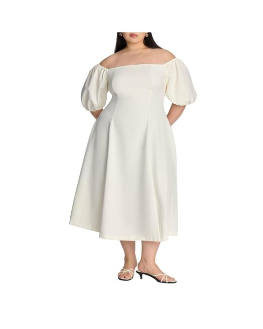 Snow White Embroidered Bustier Off-The-Shoulder Puff Sleeve Occasion Midi Dress main image 0